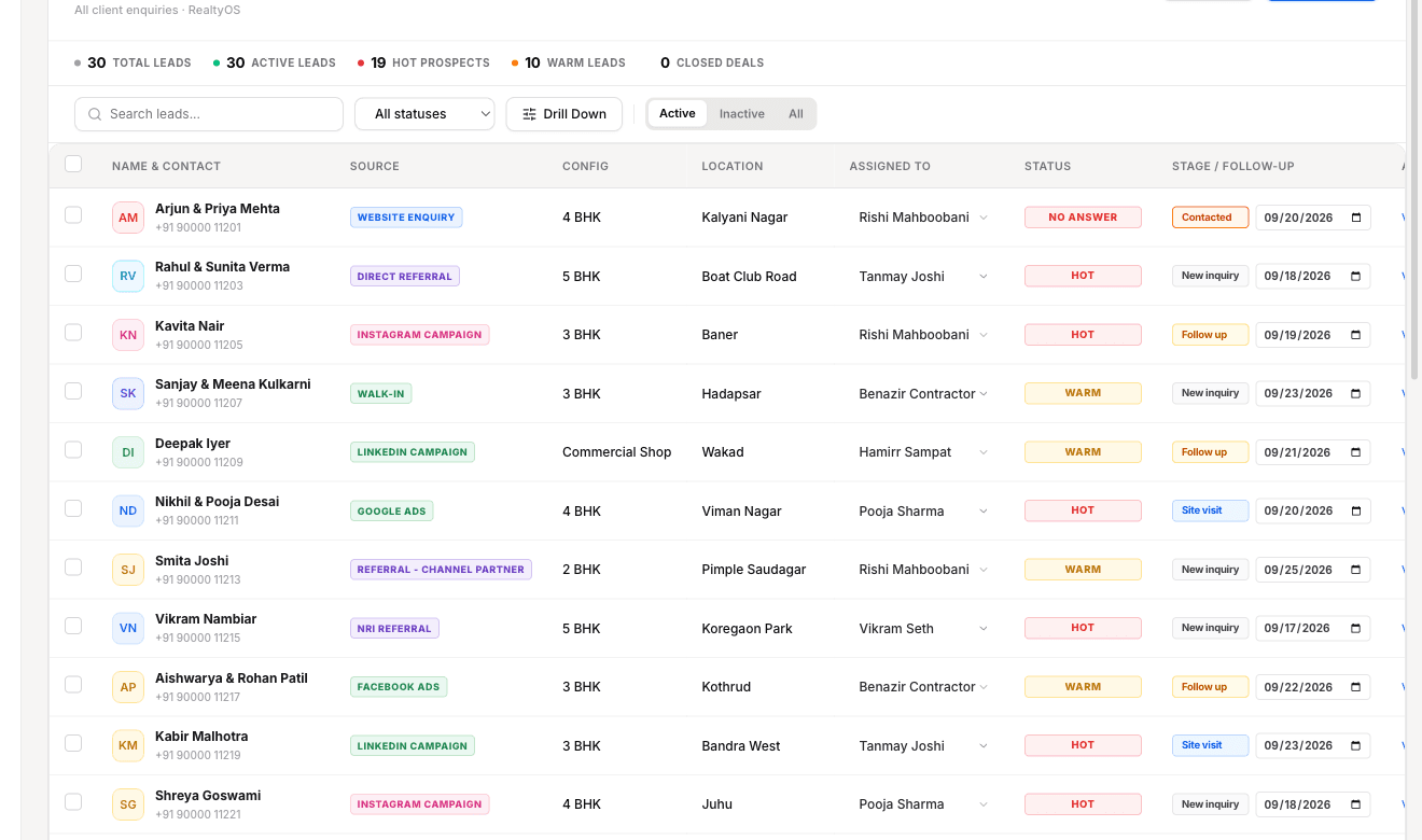 BigDeal AI live leads management table with source channels and status tracking